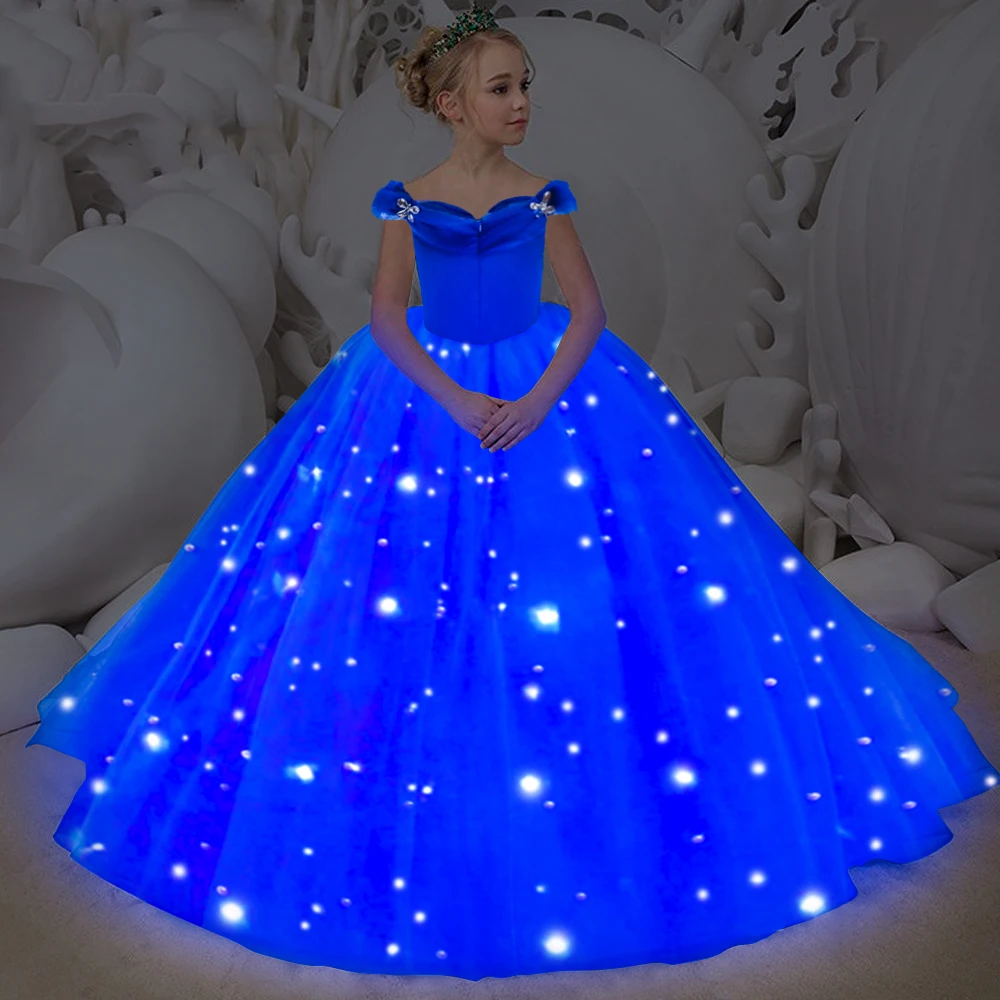 LED Light Up Party Girls Cinderella Princess Dress Up Christmas Kids Butterflies Sleeveless Ball Gown Halloween Birthday Costume