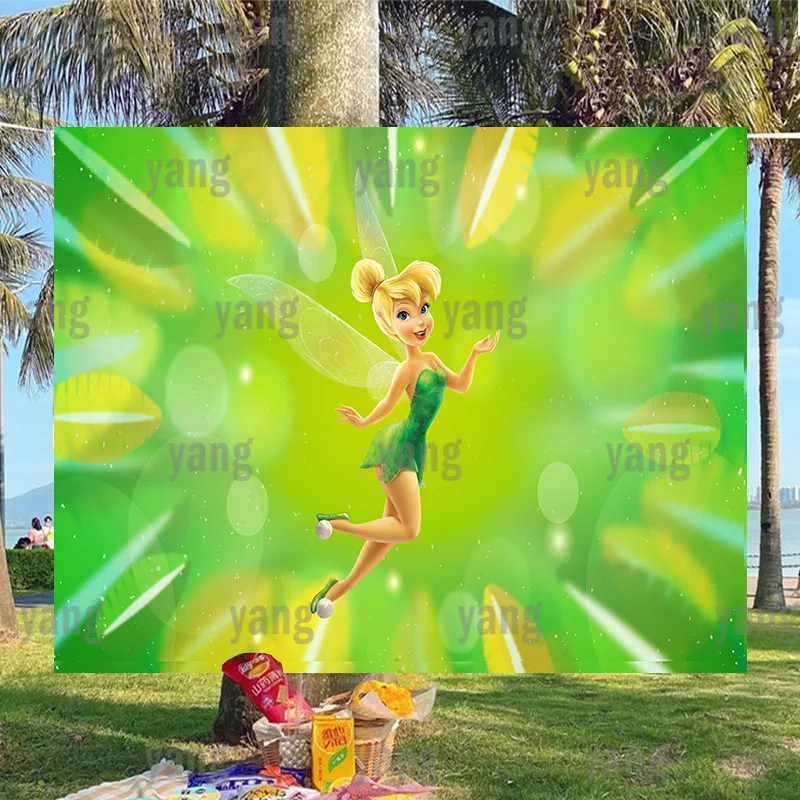 

Disney Peter Pan Tinker Bell Miss Elastic Background Birthday Decoration Yellow Green Leaves Photography Backdrop Party Wall