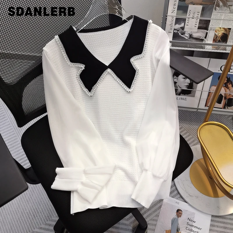 

2022 Spring New Retro Temperament Contrast Color Women's Pullover Pearl Doll Collar Chiffon Patchwork Lantern Sleeve Sweater