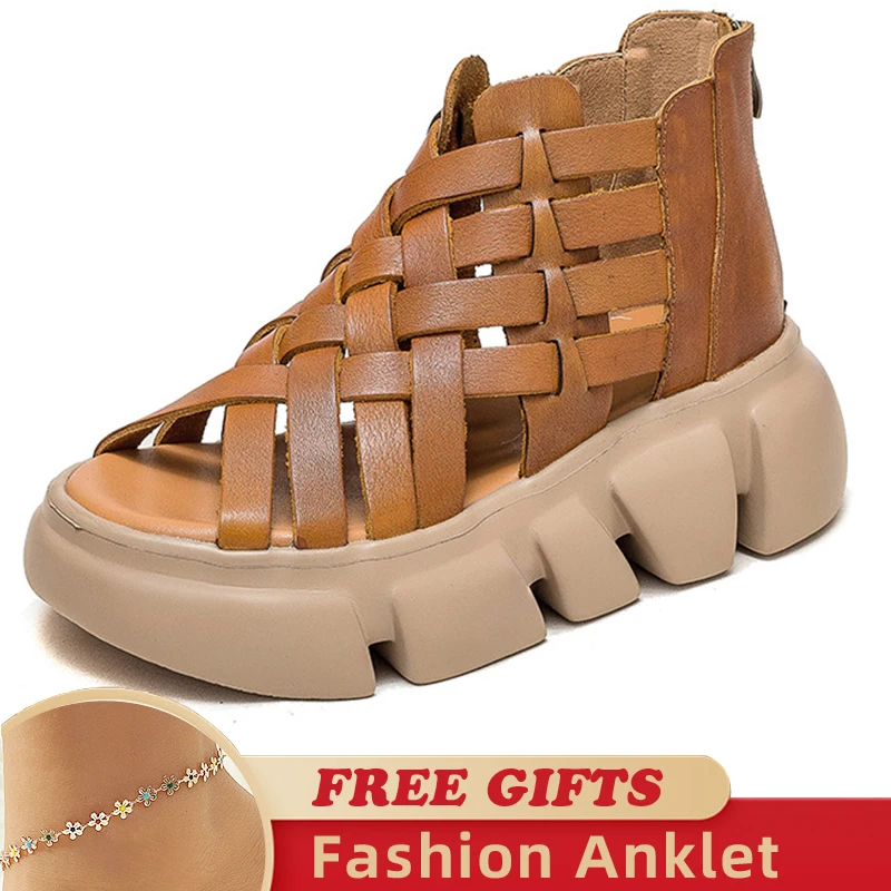 

Genuine Leather Peep Toe Summer Thick Soled Hollow Sandals Weave Design Women 2023 New Woven Comfortable Platform Female Shoes