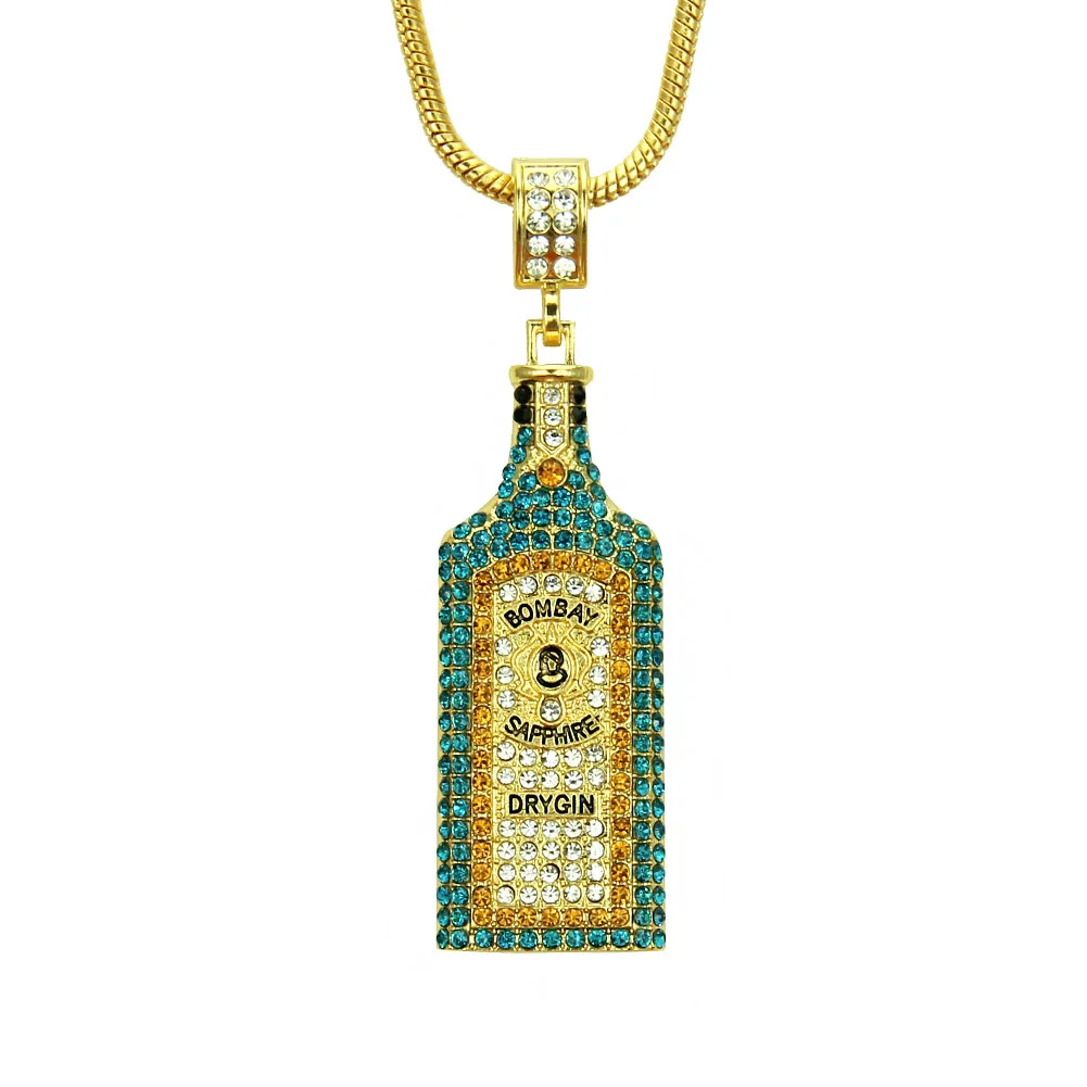 

European Fashion Colorful Crystal Whisky Wine Bottle Pendant Necklace Men's Creative Necklaces Iced Out Jewelry Accessories