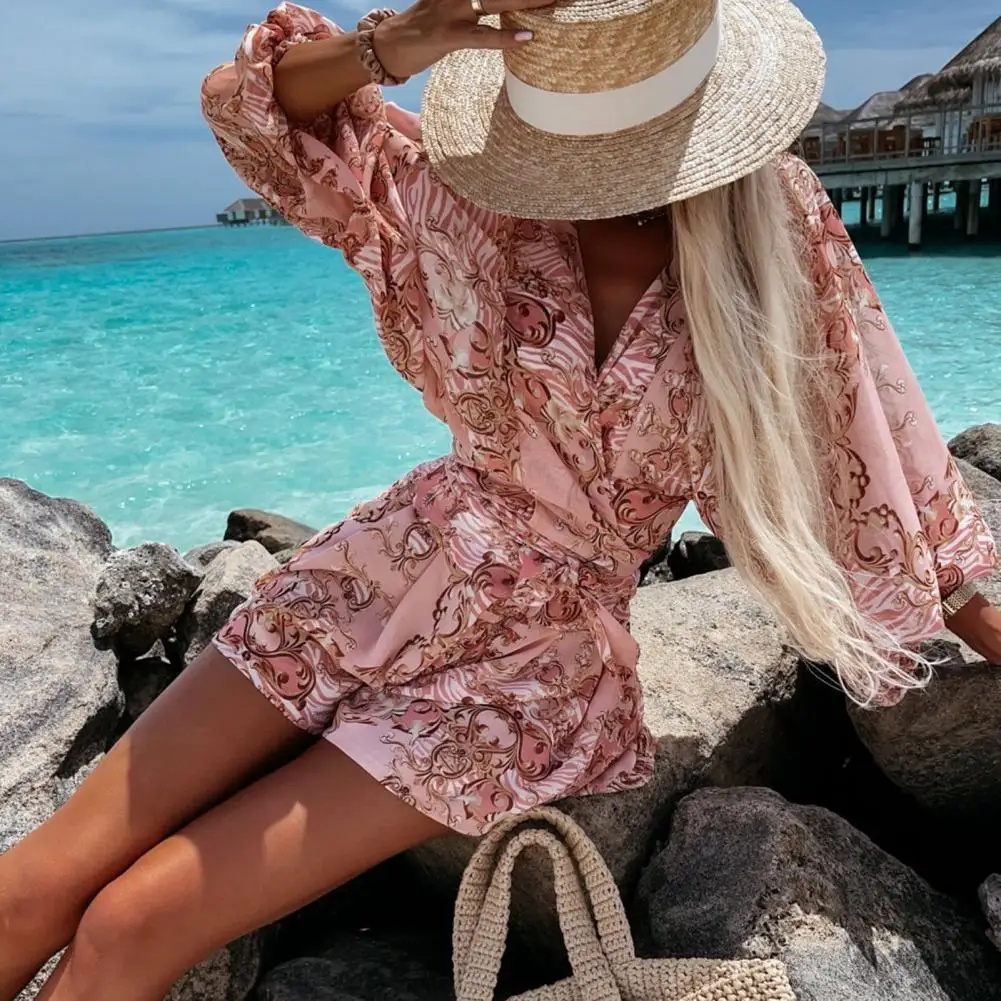 

Шикарный цельный женский комбинезон с глубоким V-образным вырезом, Летняя Повседневная пляжная юбка с принтом, эластичный пояс