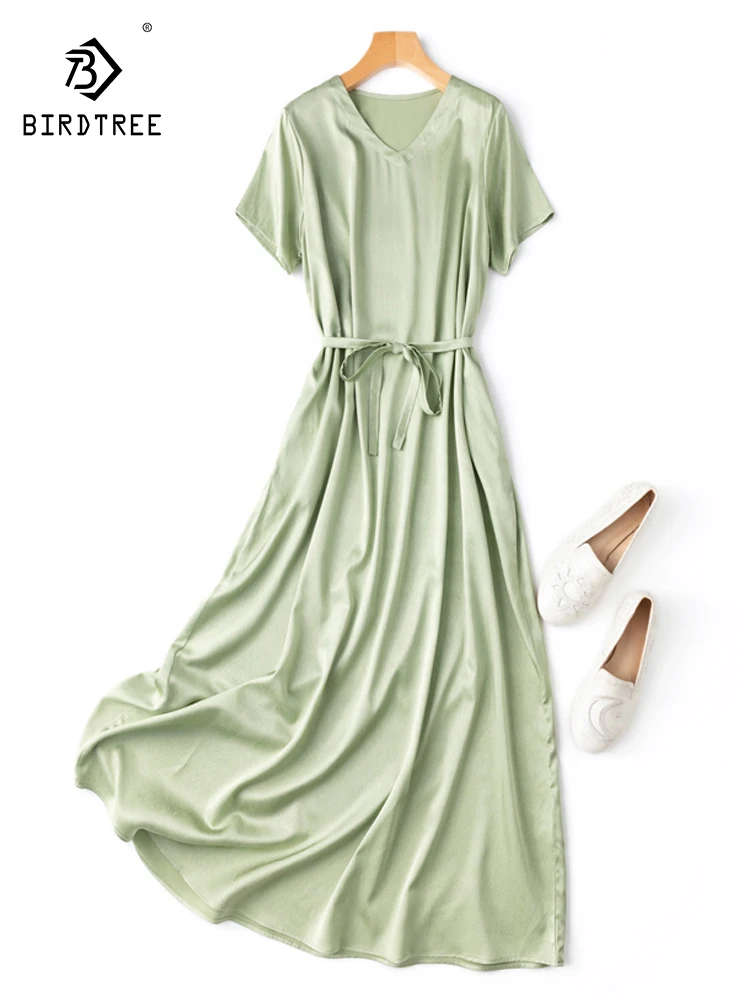 

Birdtree 22mm 92%Silk 8%Spandex Women Maxi Dresses V Neck Belted Long Dress 2023 Spring Summer Holiday Clothes Green D36039QC