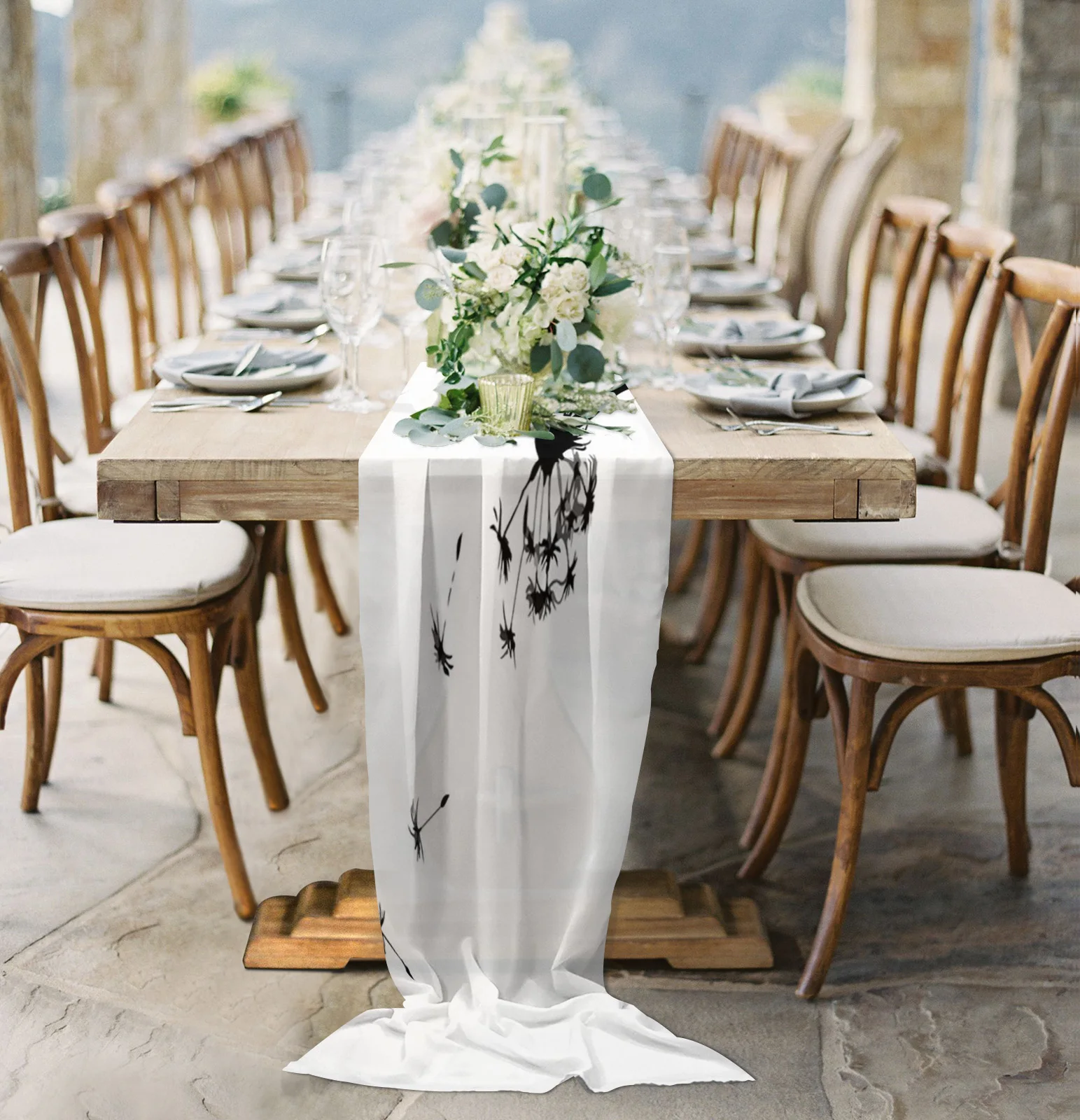 

Dandelion Plant Black And White Chiffon Table Runner for Wedding Celebration Banquet Festival Party Backdrop Decor