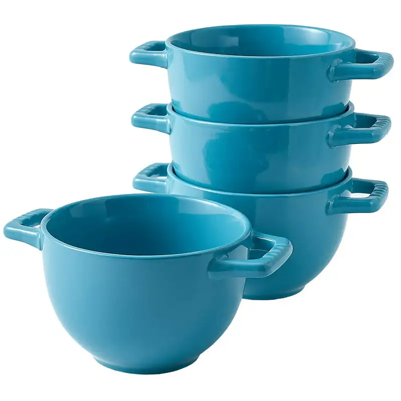 

of 4 Large Soup Crocks with Handles for Cereal Bowl, Soup, Stew, Chilli, - Oven safe