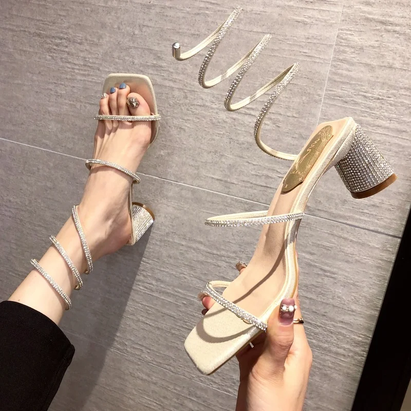 Summer Women's Sandals Fashion Luxury Square Toe Rhinestone Snake Wrap Heel Sandals Birthday Wedding Party Shoes Sandalias Mujer
