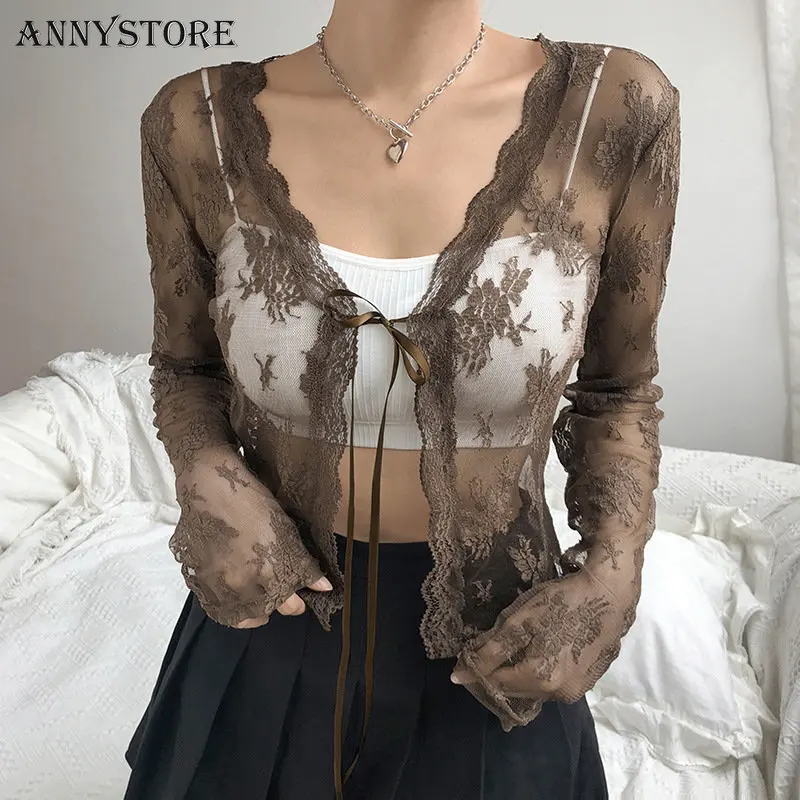 

Annystore 2000s Kawaii Lace Cardigan Tops Women See Through Sexy Mesh T-Shirt Tie V Neck Long Sleeve Cute Aesthetic Tee White