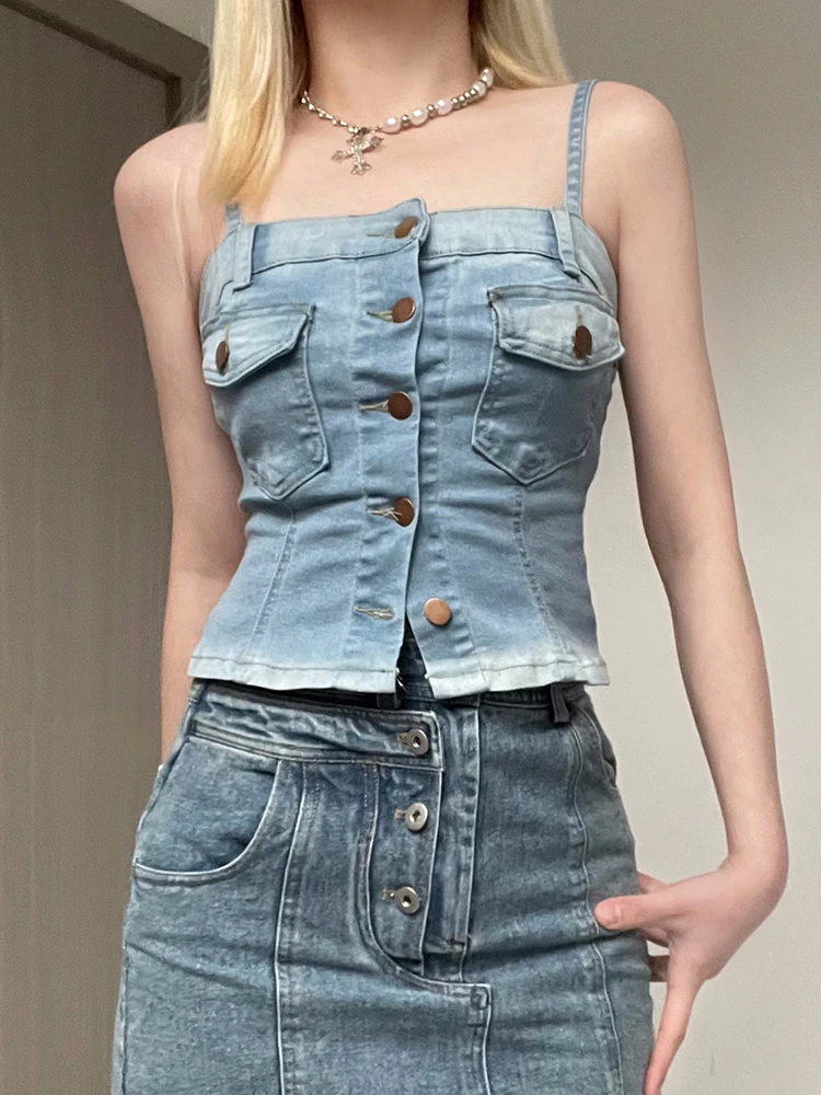 

Женский джинсовый корсет без рукавов y2k, винтажный укороченный топ с карманами и пуговицами, уличная одежда в стиле Харадзюку на лето