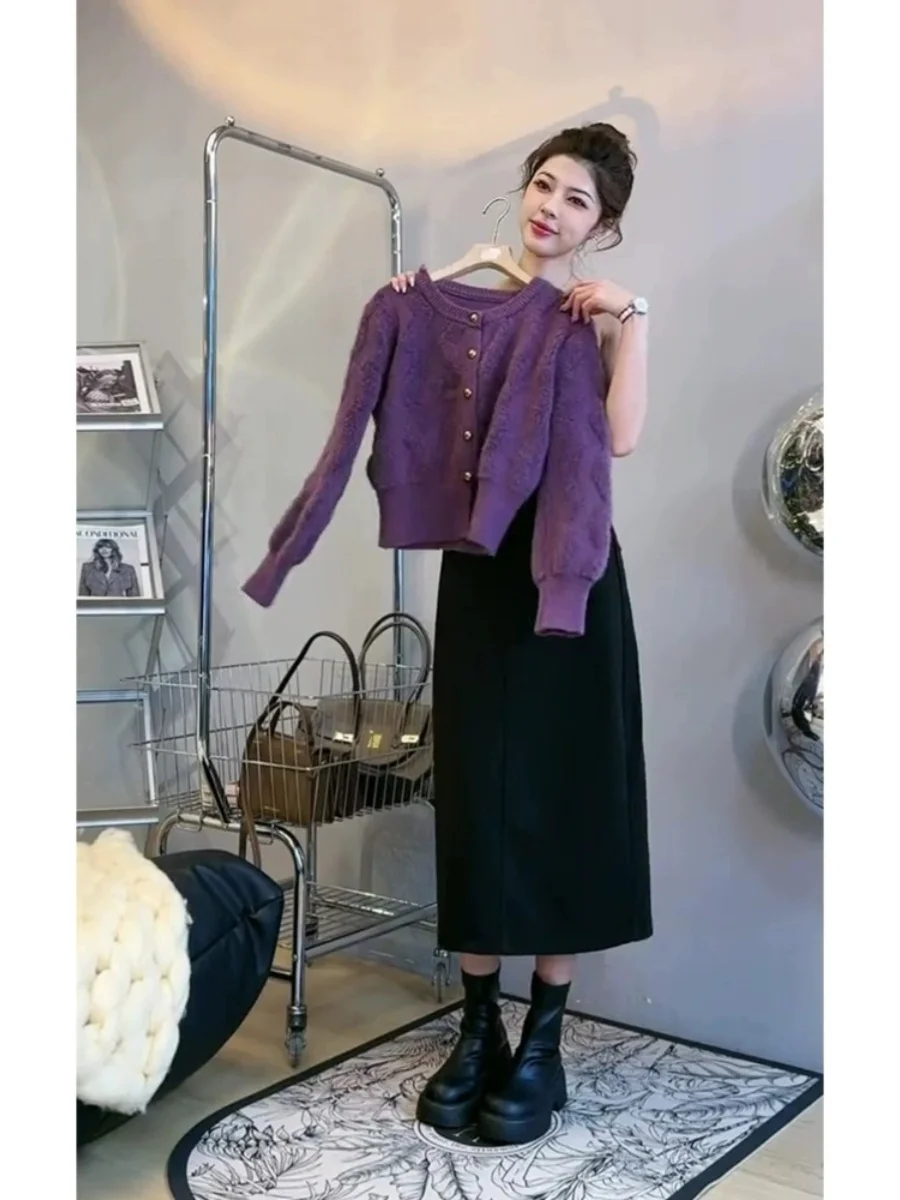 Autumn and Winter Graceful This Year's Popular Beautiful Purple Sweater Half-Length Skirt set Women Deep Winter clothes Match...