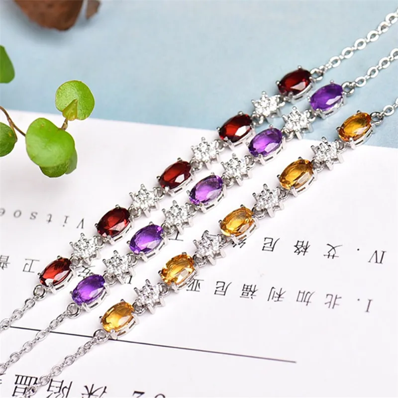 

1 Pc Fengbaowu Natural Garnet Citrine Amethyst Faceted Oval Beads Bracelet 925 Sterling Silver Fashion Jewelry Gift For Women