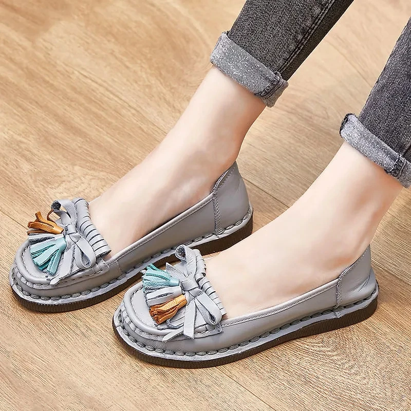 Genuine Leather Shoes for Women Spring Autumn Female Casual Loafer Mom Ladies Comfortable Tassels Classic Leisure Flats Shoes