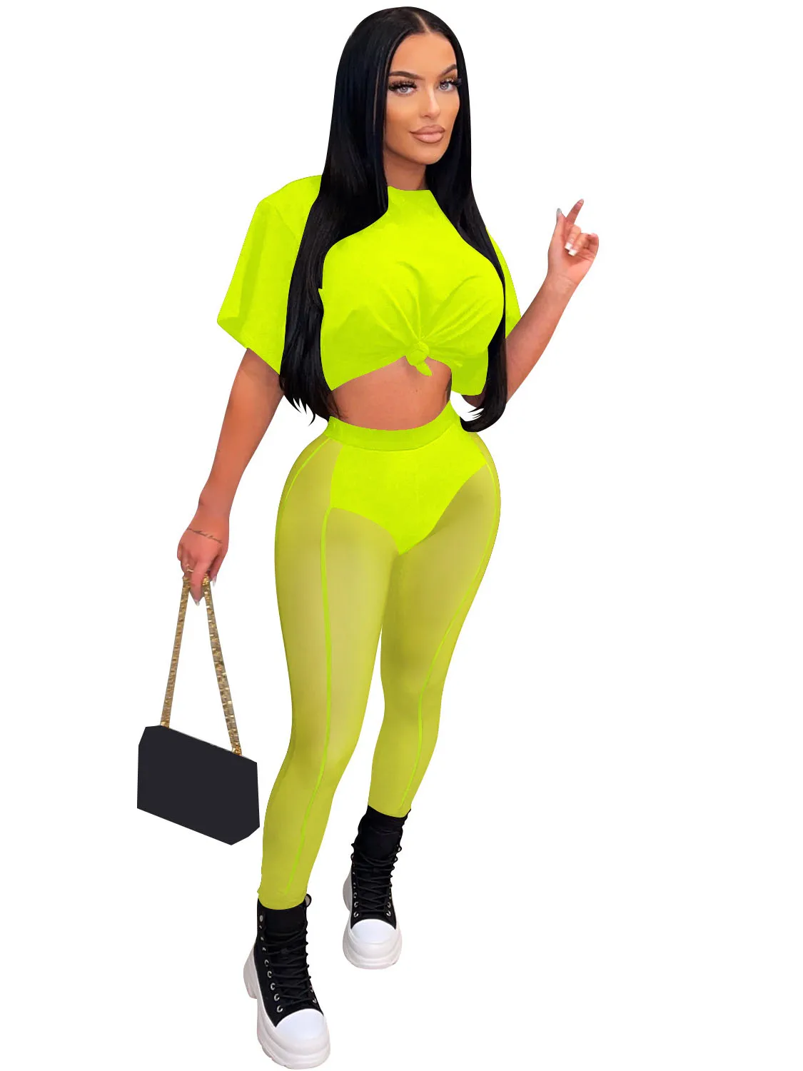 

Szkzk sexy mesh perspective two piece set O-neck short sleeve Crop Top and trousers high waist tight fitted night club party set