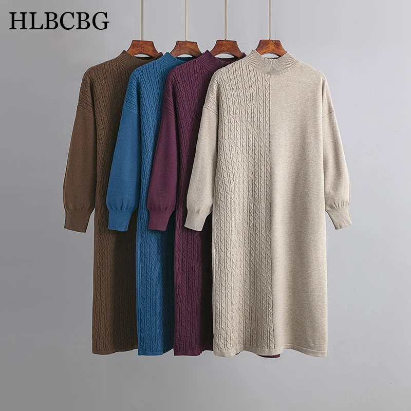 HLBCBG New Arrival Spring Autumn Knit Sweater Dress Women Long Sleeve Casual Vintage Knitted Dress Fashion Femme Office Dresses