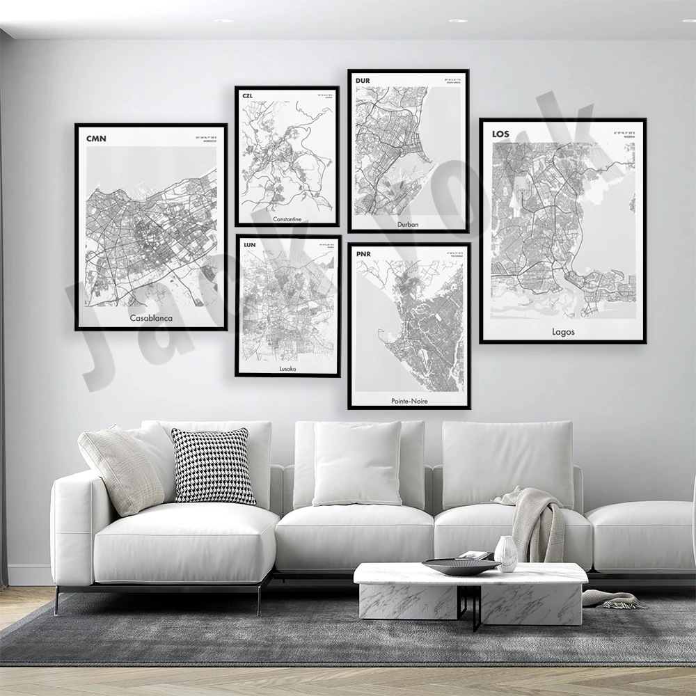 Сабланка, Марокко, Лусака Замбия, Дурбан, Южная Африка, Пуант-нуар Конго, Константин Алжир, Лагос, Нигерия, карта карт, плакат