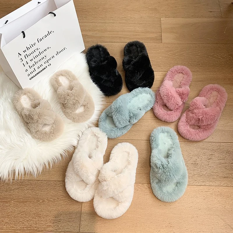 Cross Woolly Slippers for Women Outside The 2022 Autumn/winter Thick Soled Home Red Flip-flops Women Slippers Women Winter