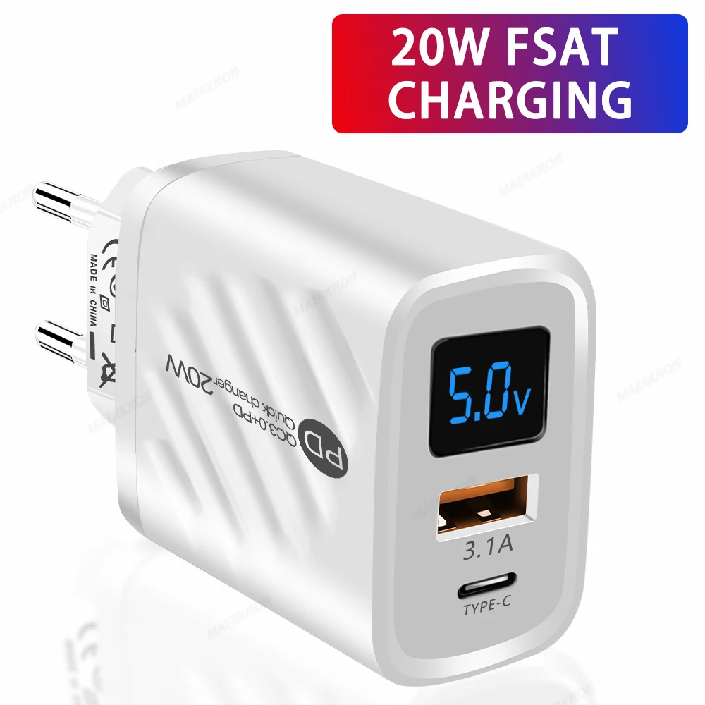 

20W PD USB Charger Fast Charging Type C Digital Display Phone Charge Adapter For iPhone Samsung Xiaomi Huawei USB C Wall Charger