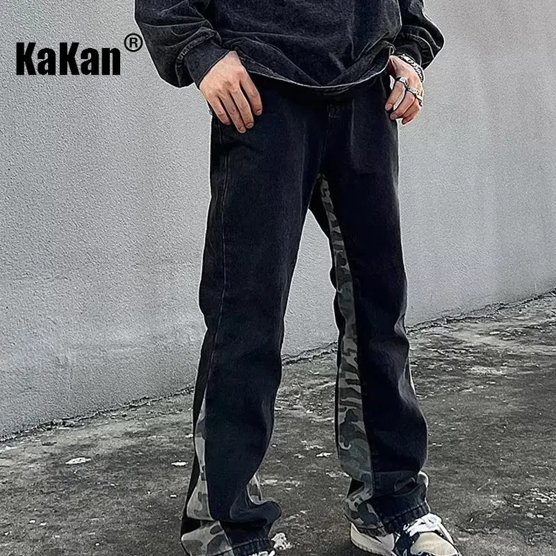 Kakan - New Washed Retro Camouflage Patchwork Jeans for Men, Black Design Feel Straight Tube Micro Flared Long Jeans K33-M004