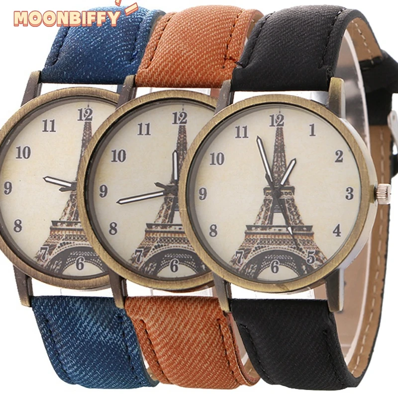 

Eiffel Tower Women Watches Jean Leather Retro Bronze Color Ladies Fashion Watch Students Wrist Watch часы женские наручные