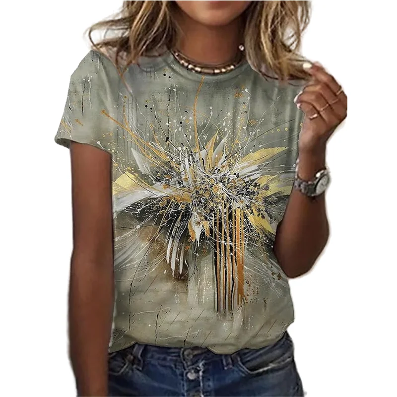 

2022 New Summer Round Neck Women Color Printing T/Shirt Short Sleeve Kawaii Fashion Floral 3D Printing T-Shirt Casual Loose Pull