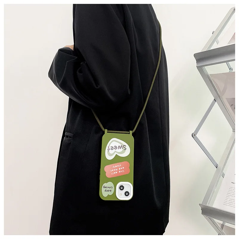 

Green Love Letter Crossbody Necklace Cord Lanyards Phone Cover Case for iPhone 14 13 12 11 Pro Max Plus