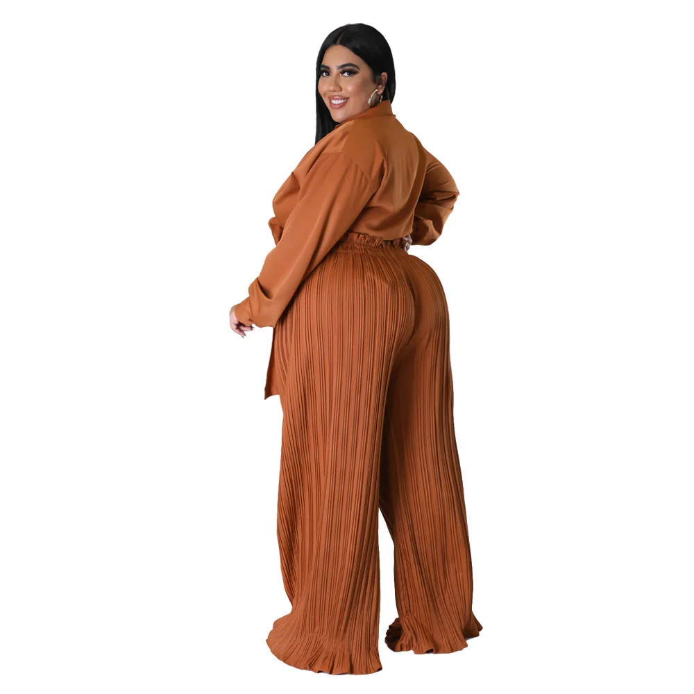 Plus Size Women Clothing Two Piece Sets Outfits Fashion Loose Long Sleeve v Neck Top and Pleated Pant 3xl 4xl 5xl 6xl