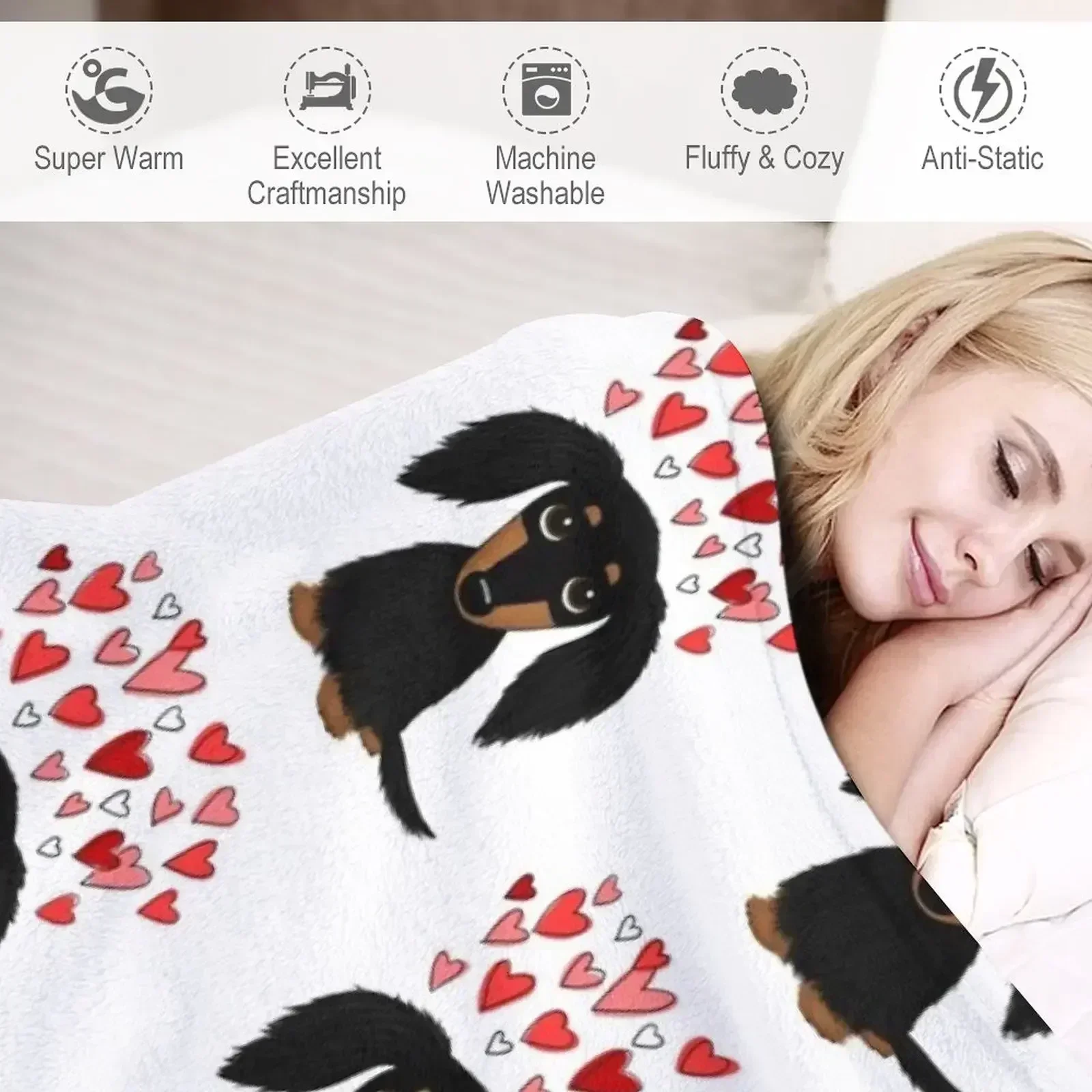 Черно-коричневое длинношерстное одеяло для таксы с сердечками мягкое плед