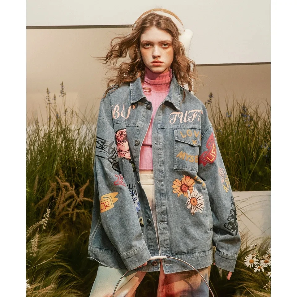 Женские свободные повседневные ковбойские куртки с принтом граффити