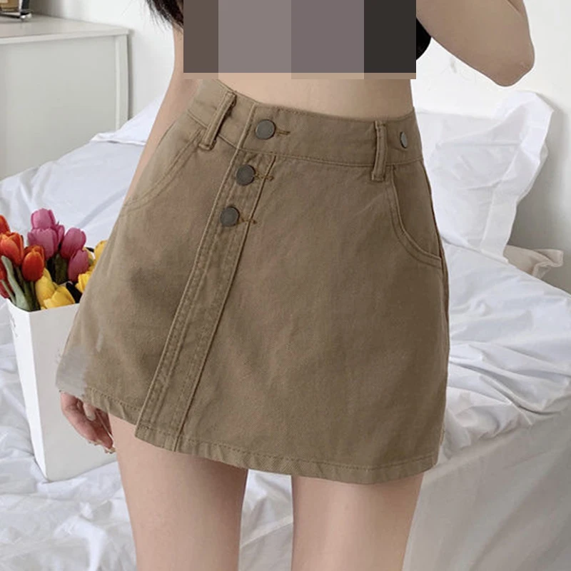 Design khaki denim skirt high waist  wide-leg hot pants slim A-line skirt  vintage  Above Knee, Mini  A-LINE  Solid  Casual