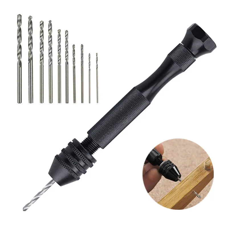 

11pcs Mini Micro Aluminum Hand Drill With Keyless Chuck HSS Twist Drill Bit Woodworking Manual Drilling Rotary Tools Hand Drill