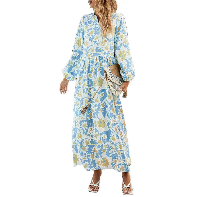 

Summer New Bohemian Floral Print Loose Maxi Dress Women Elegant V-neck Full Sleeve Holiday Fashion Robe Long Vestidos Female