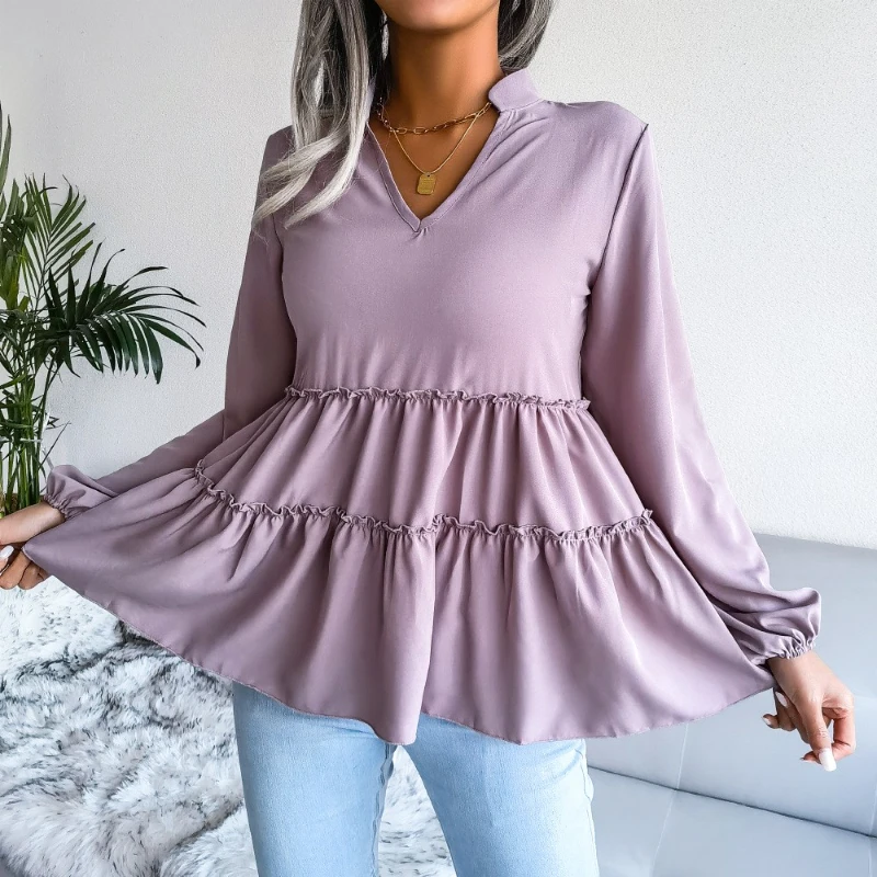 2022 Spring Elegant Blouses Ruffles V-Neck Long Sleeve Tops Fashion Woman Blouses Women Clothing Solid Color Blouse Office Shirt