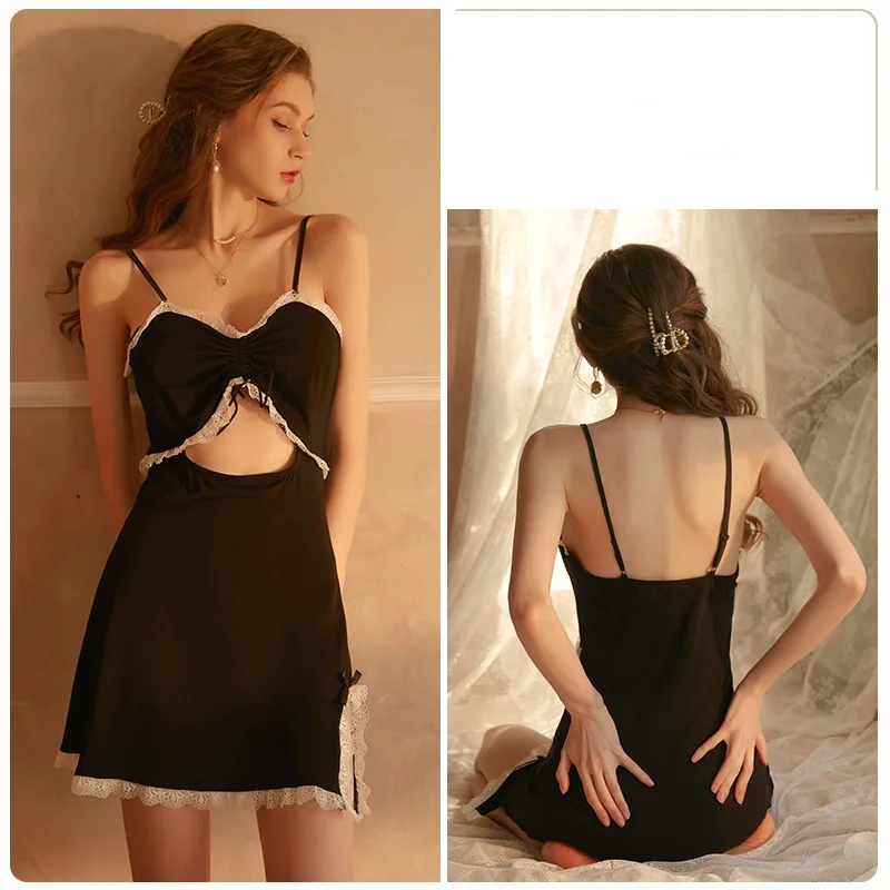 

Romantic Lace Hollow Out Sexy Suspender Nightdress Thin V-neck Temptation Short Nightgowns Breathable Satin Sleepwear Lingerie