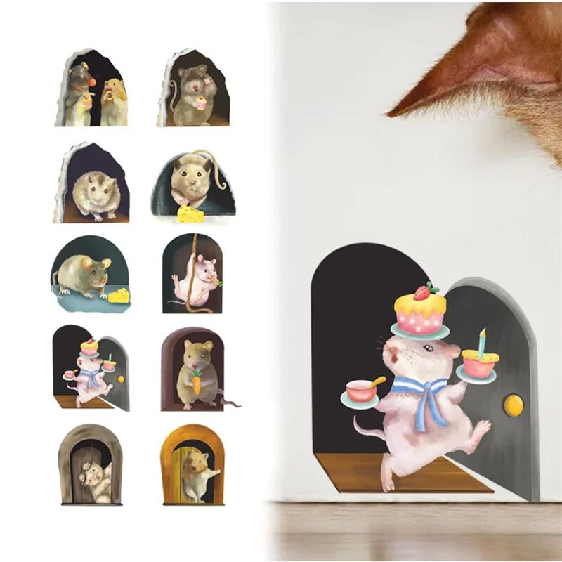 

Fun Little Mouse Hole Wall Stickers On The Wall Cartoon Rat Animal Kitchen Home Decoration 3d Vinyl Wall Decals Diy Mural Art