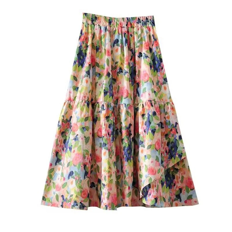 

Summer Floral Print Basic Skirts for Women 2023 High Waist Holiday A Line Long Skirts Elegant Ruffles Women's Skirts Vestidos