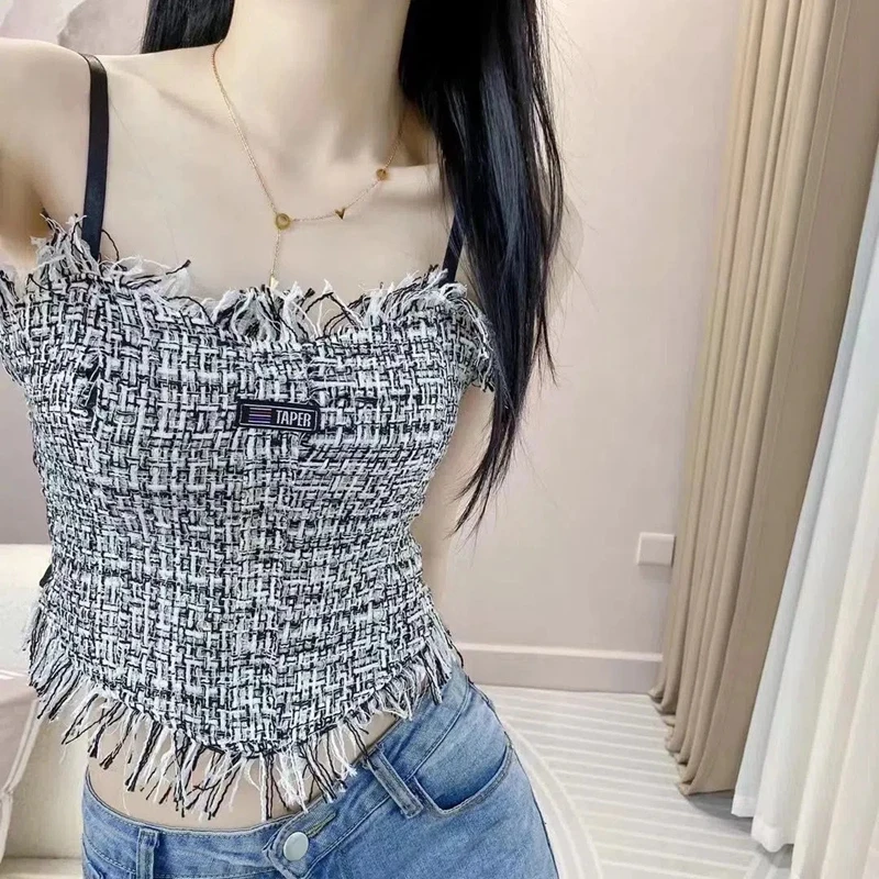 

Women Sexy Summer Beach Crop Top Ins Tassels Irregular Camis Korean Fashion Tank Top Chic Corset Bustier Elastic Waist