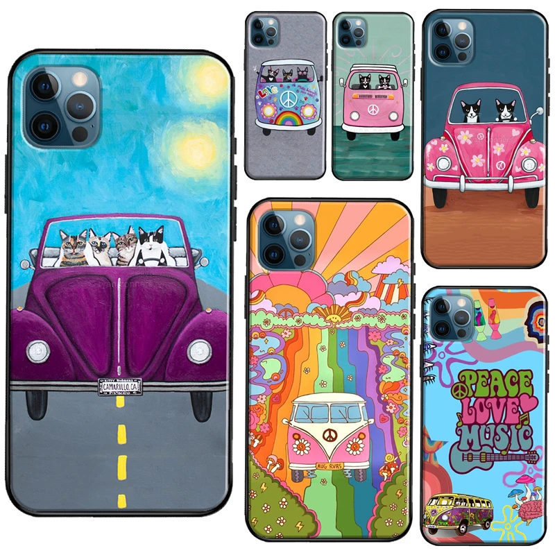 Чехол для телефона Hippy Peace Bus Cat iPhone 11 13 Pro Max XS XR X SE 2020 5S 6S 7 8 Plus 12 mini задняя крышка |