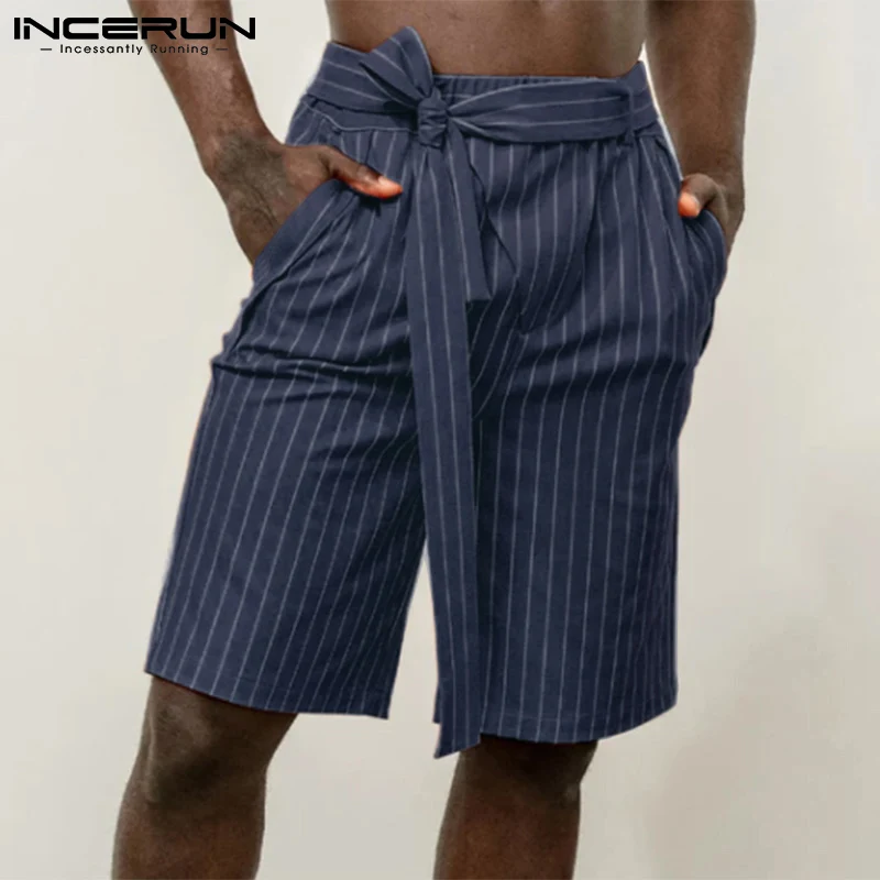 

INCERUN 2023 Casual Well Fitting New Men Pantalons Loose Fashion Male Party Nightclub Style Striped Lace-up Printed Shorts S-5XL