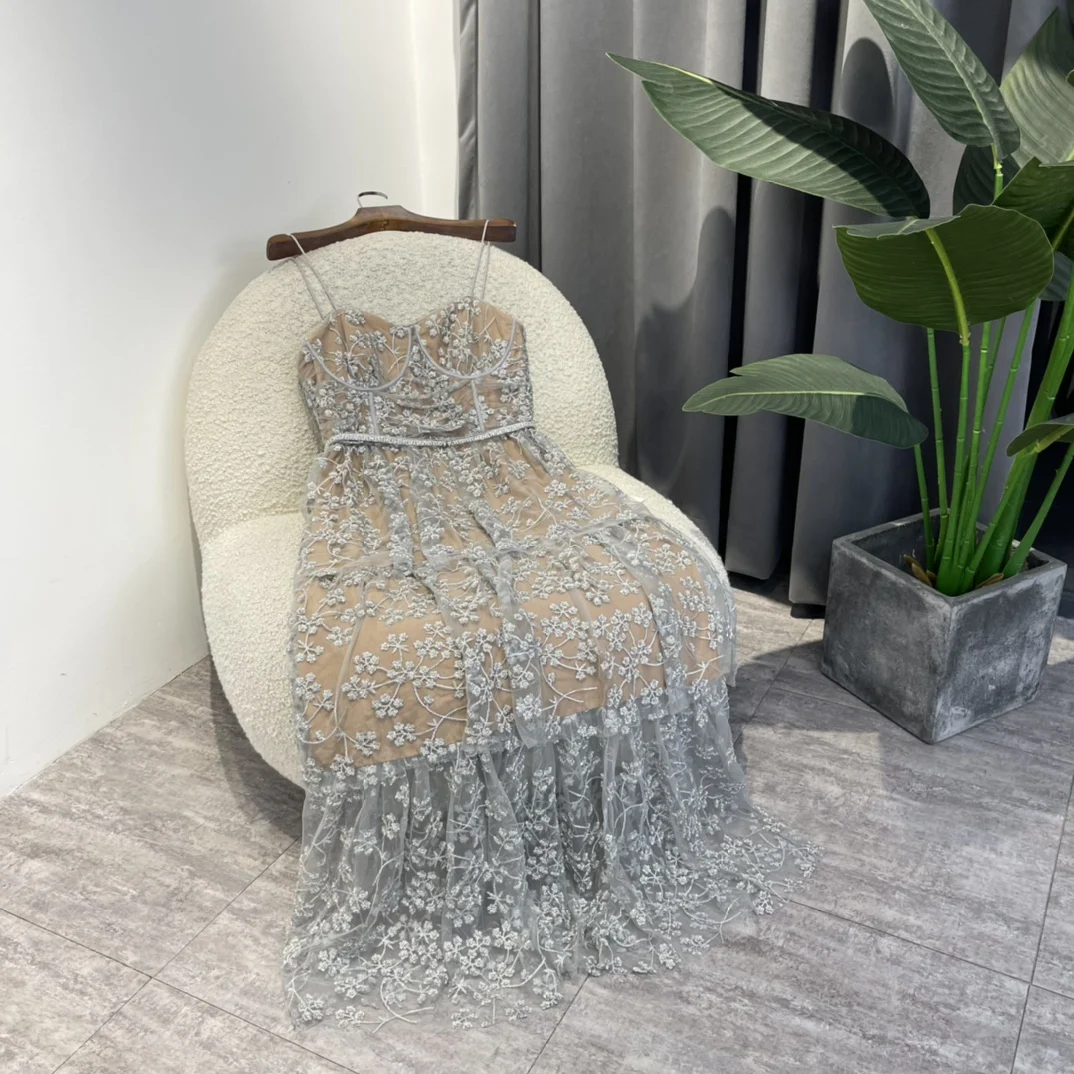 

Original Sky Blue Floral Embroidery Midi Camisole Dress New 2023 Spring Summer Lace Corset Lady Clothing