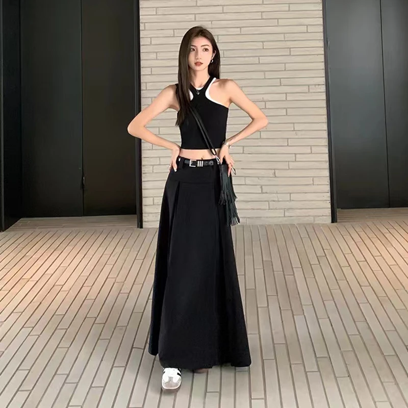 Черная плиссированная юбка с высокой талией Осенний корейский элегантный