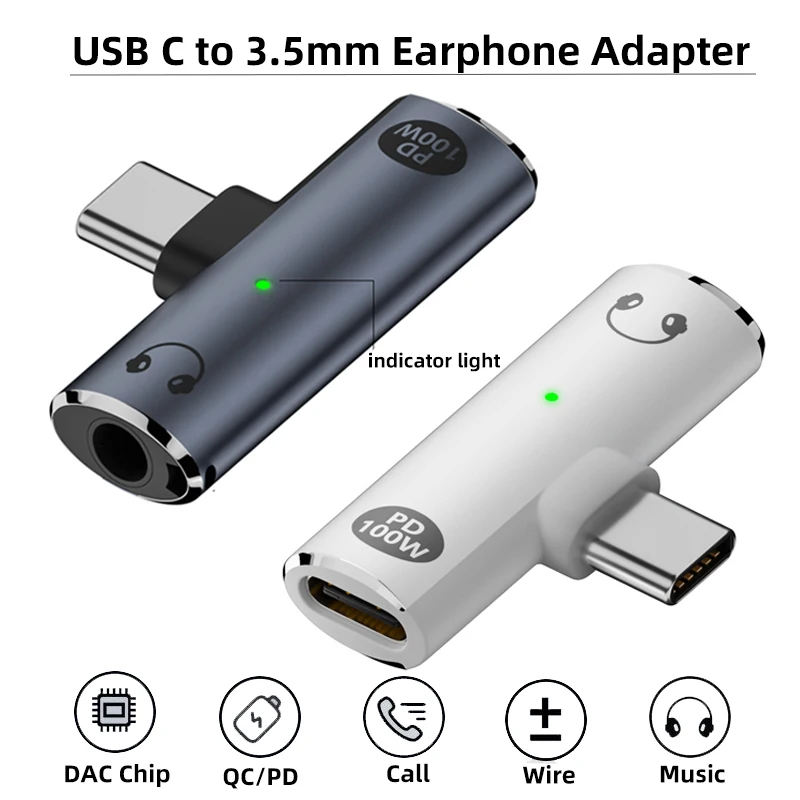 Фото Адаптер PD100W USB-C на 3,5 мм HiFi для наушников, 2-в-1, с разъемом Type-C для зарядки и AUX-аудиоадаптером для iPad Pro, Samsung, Huawei №1
