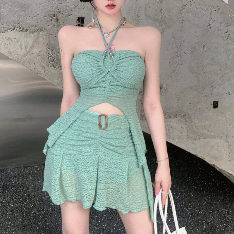 

Green Y2k Suit Strappy Halterneck Short Chic Tops with Skirt 2 Pieces Sets