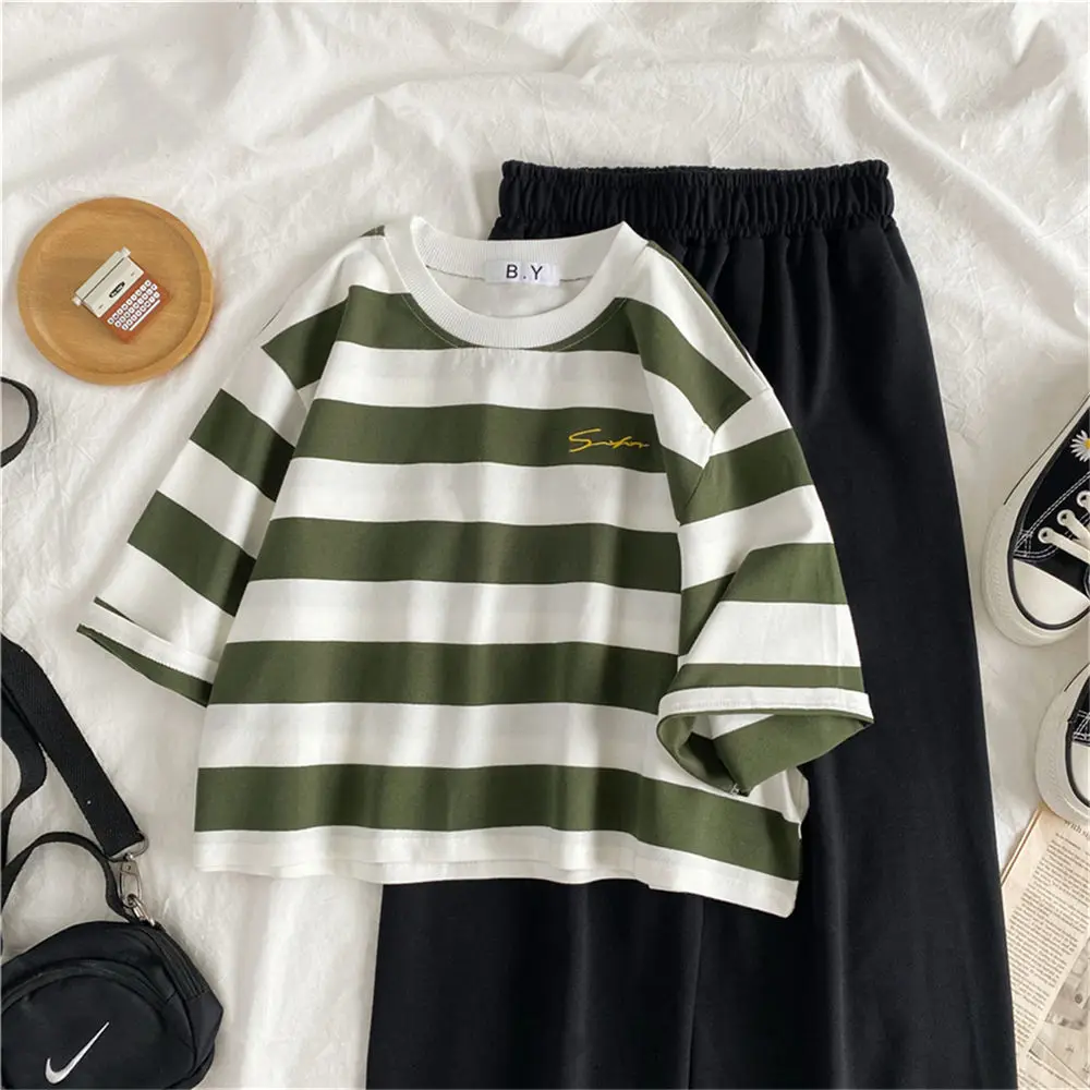 

Pant Sets Women Striped Summer Leisure Femme Outfits Korean Trendy Soft Crop Top Basic Black High Waist Wide-leg Womens Trouser