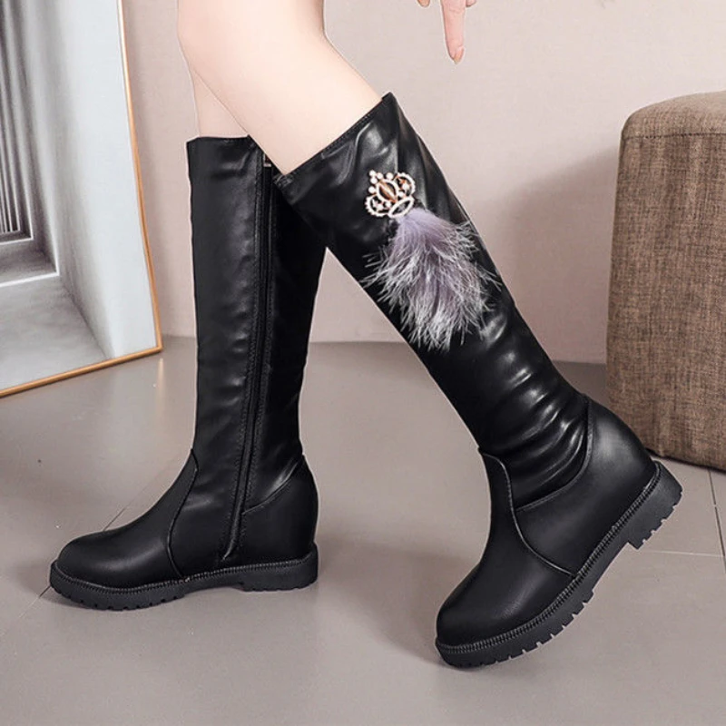 

Thick-soled High Boots Flat Bottom Side Zipper Rider Boots Riding Boots Inner Heightening Long Boots Women Cotton Boots Winter