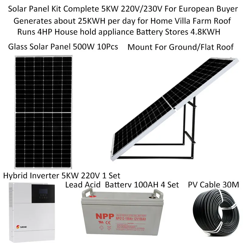 Solar Panel Kit Complete 5000W 5KW220v110V Lead Acid Batter Flat Roof Mount UPS Hybrid Inverter MPPT Off Grid System 4HP Home