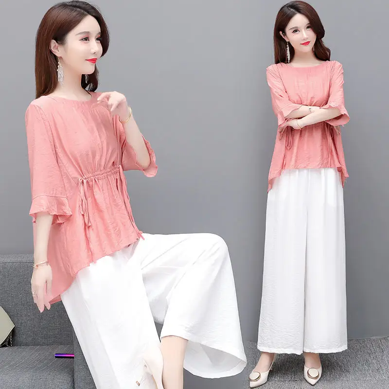 

Women 2022 Summer New 2 Piece Sets Female Loose Solid Color Shirt Tops + Casual Wide-leg Pants Ladies Cotton Linen Suits J31