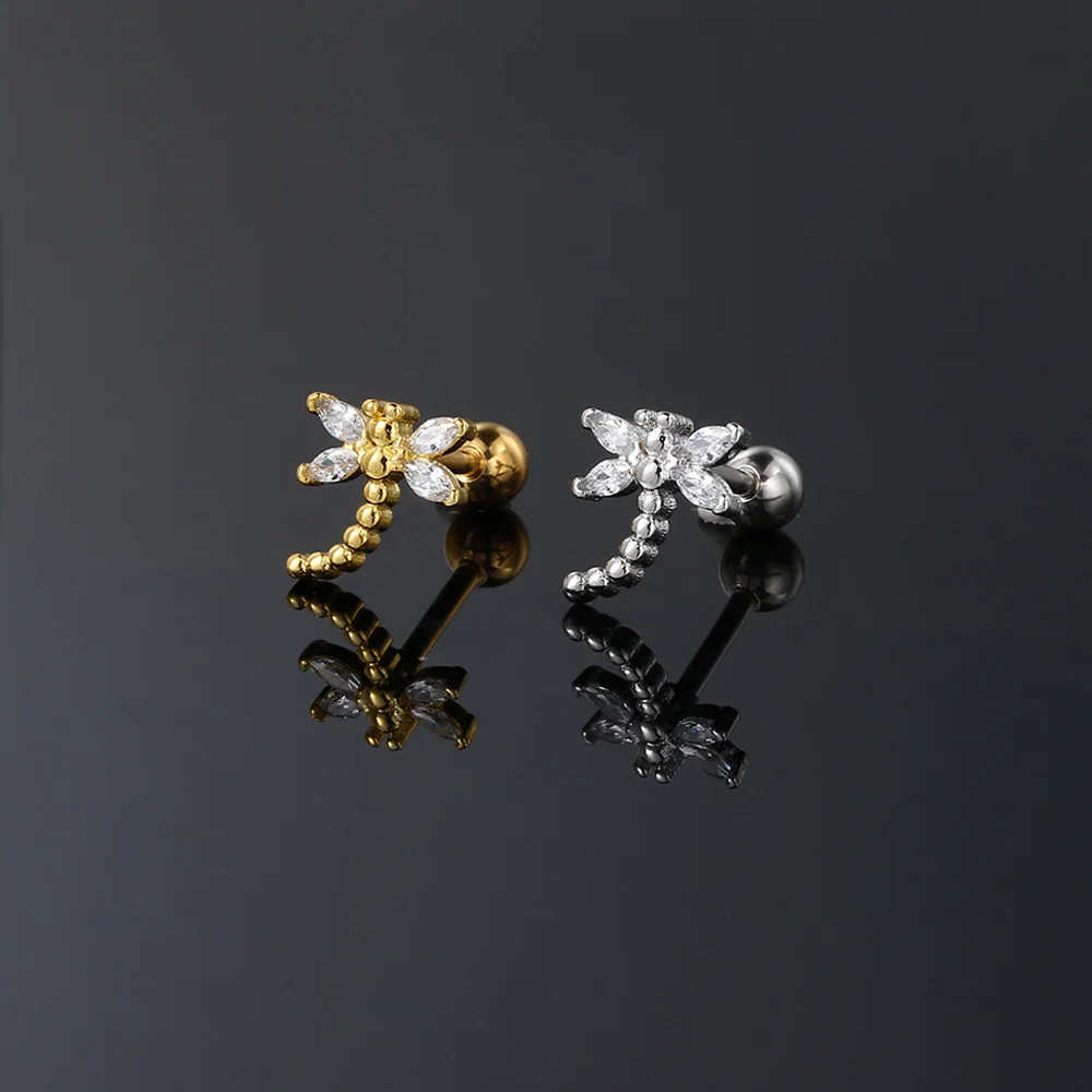 Серьга-гвоздик для пирсинга плоская с кристаллами V-образный хрящ в форме