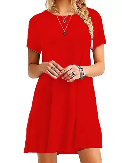 

New2022 Boho Beach Dresses Womens O-Neck Party Summer Dress Short Sleeve Loose Mini Dress