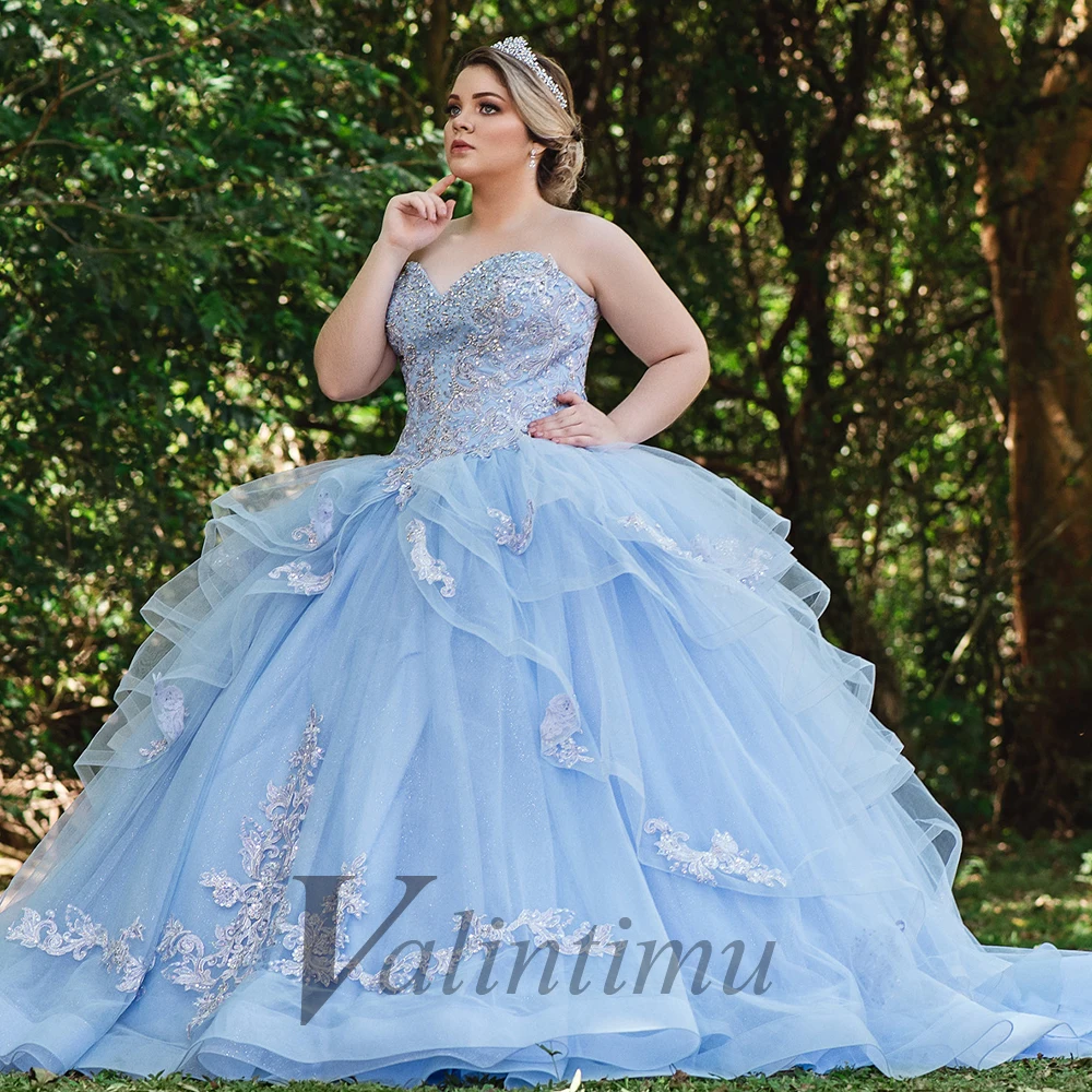 

Valintimu Princess Strapless Tulle Quinceanera Dress Corset Sweet 16 Dress Appliques Layered Ball Robes De Soirée Personalised
