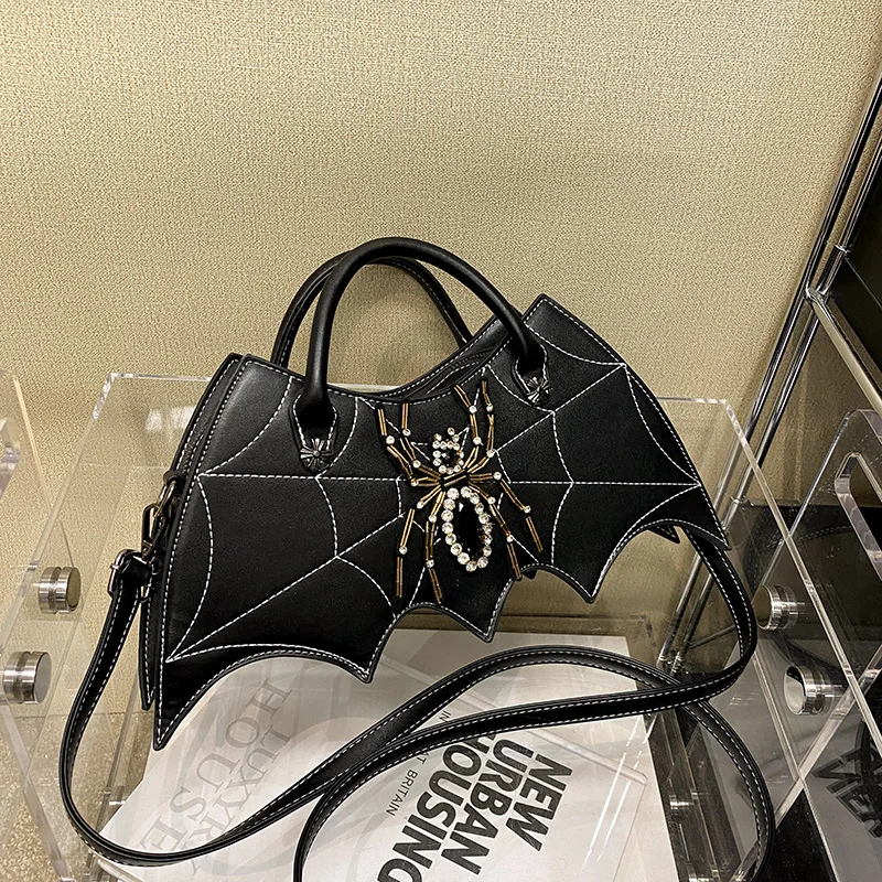 

Women's Leather Shoulder Bag Personality Bat Style Diamond Spider Decorated Handbag Luxury Designer Crossbody Bag Casual Totes