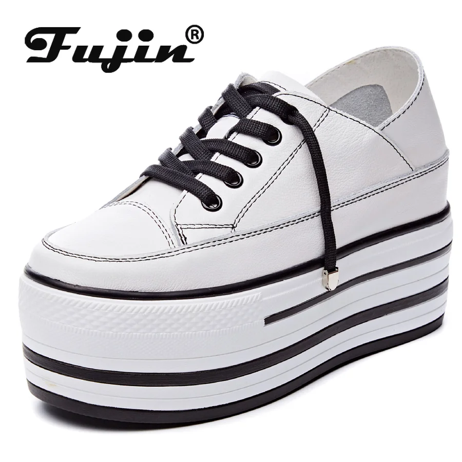 Fujin 9cm Women Shoes Genuine Leather Skateboard Platform Wedge Dad Shoes Chunky Sneakers White Black Slippers Mules Female Shoe